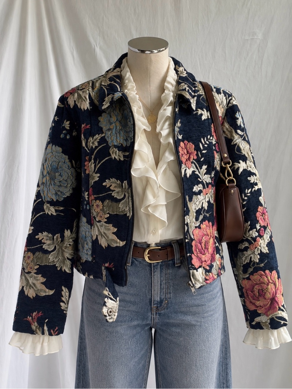 NWT Jack by BB Dakota Floral Brocade Tapestry Moto Jacket Navy | Size L